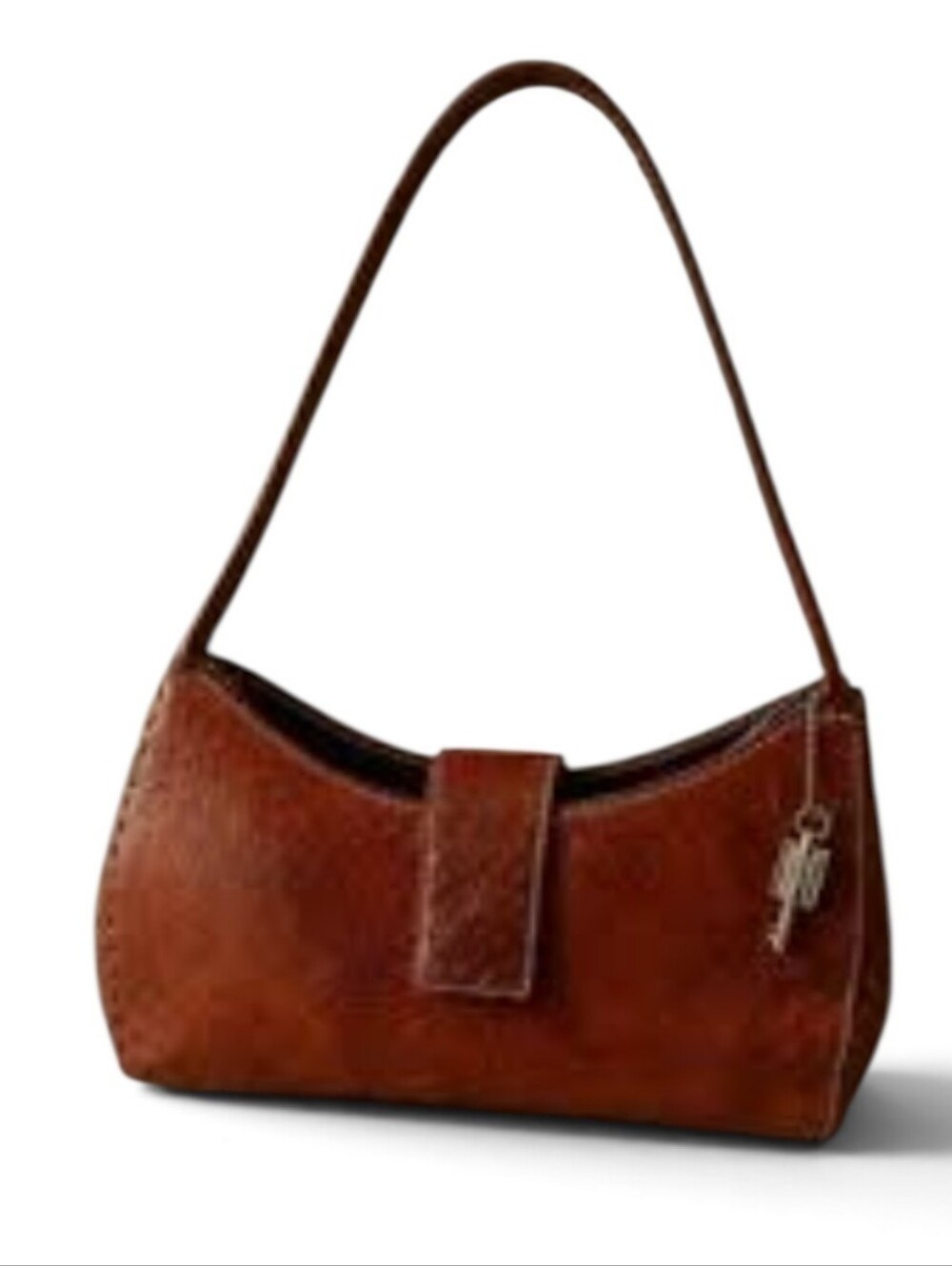 FOSSIL Cognac Brown Leather Shoulder Bag With Original Fossil Silver Key EUC